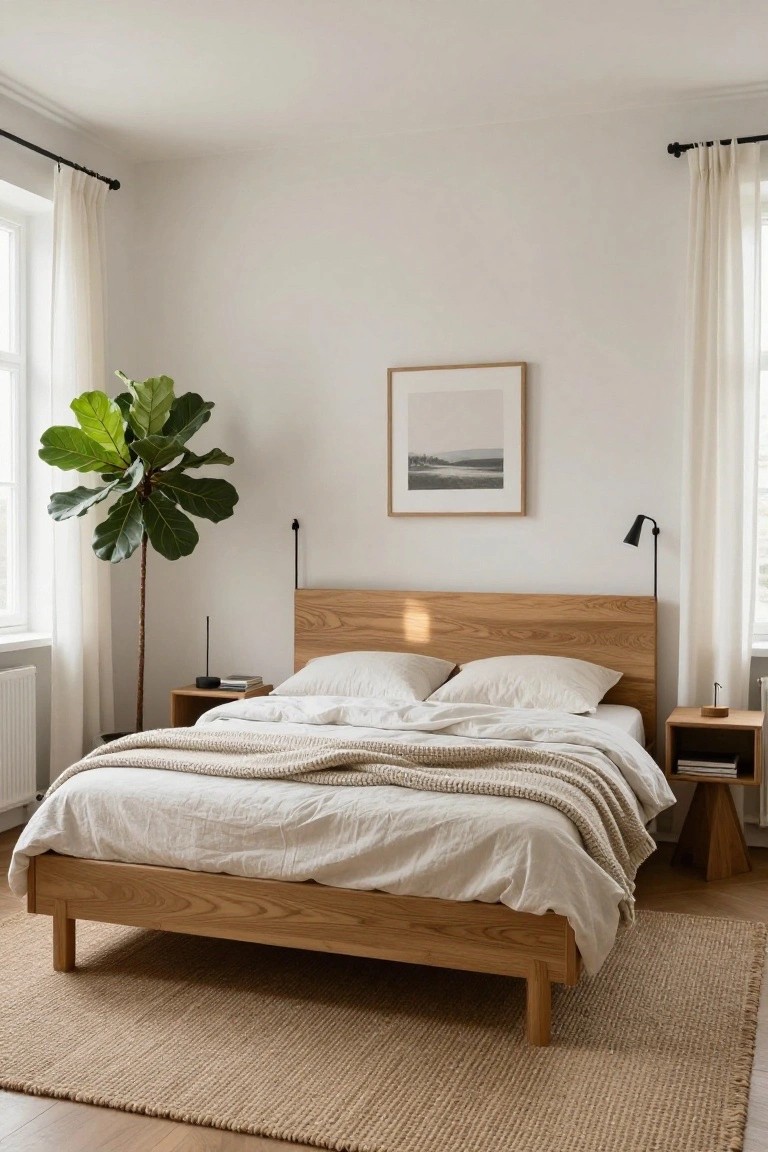 A minimalist bedroom with a low oak wood platform bed covered in white linens, wooden nightstands, a tall fiddle leaf fig plant, black wall lamps, a framed landscape print, and sheer white curtains on large windows over a seagrass rug.