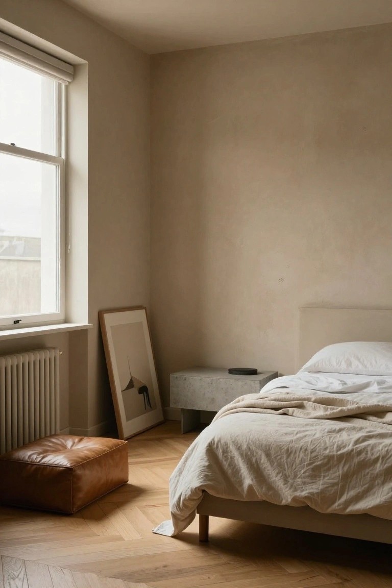 Corner view of a minimalist bedroom with light beige textured walls, a low bed draped in white sheets and beige linens, oak herringbone flooring, tan leather pouf, concrete bedside table, leaning framed artwork of a horse silhouette, white radiator, and large window.
