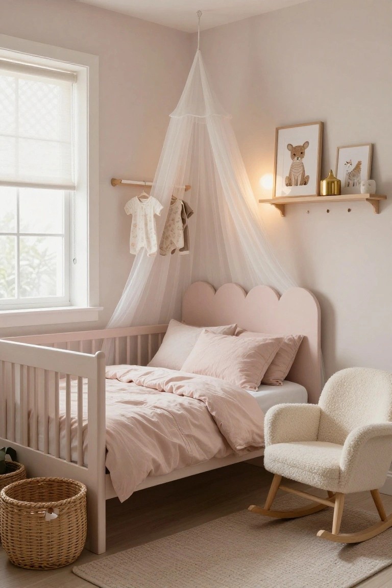 Pastel pink scalloped-headboard crib with sheer white canopy in a nursery featuring beige walls, a white rocking chair, woven baskets, and wall shelves with animal artwork.