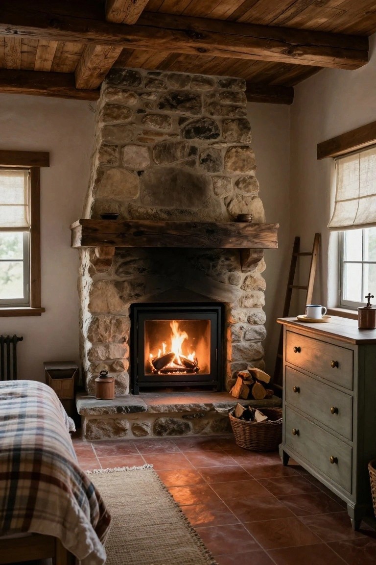 Cozy bedroom with rustic stone fireplace burning logs, wooden beamed ceiling, plaid bed, green dresser, ladder, and basket of firewood on terracotta tile floor.
