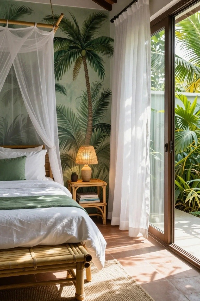 Bedroom with green palm tree mural walls, white mosquito net draped over a bamboo canopy bed, rattan bedside table with lamp and plant, and white curtains on sliding glass doors to garden plants.