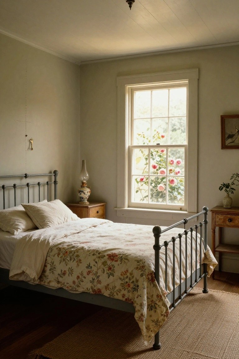Cozy bedroom with black iron bed frame, white floral bedding, wooden nightstands holding lamps and vases, large window showing climbing roses outside, pale walls, and seagrass rug on wooden floor.