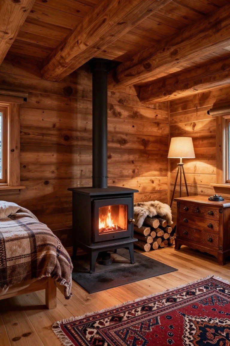 Wooden log cabin bedroom with black wood-burning stove lit by fire, plaid bed, fur throw, dresser, tripod lamp, and firewood stack on hardwood floor with rug.