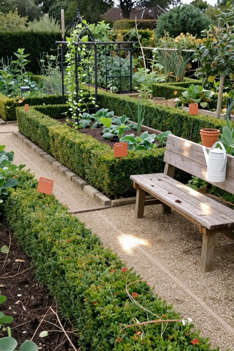 Formal vegetable garden with raised beds of greens and beans edged by low boxwood hedges, gravel paths, a wooden bench, and a white watering can hanging on the bench.