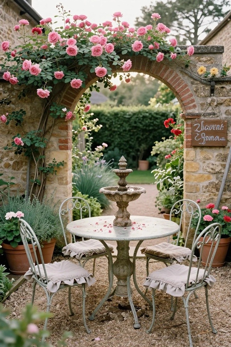 Stone archway covered in pink climbing roses in a gravel courtyard with a round white metal table, four matching chairs with beige ruffled cushions, a stone fountain at center, potted plants, and garden beds nearby.