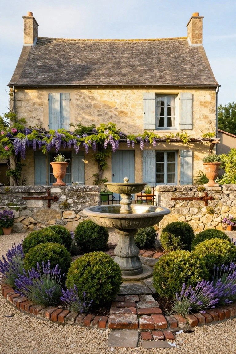 Stone French country house with beige walls, blue shutters, and wisteria vines, fronted by a central stone fountain surrounded by spherical boxwoods and lavender plants in gravel beds with a brick path.