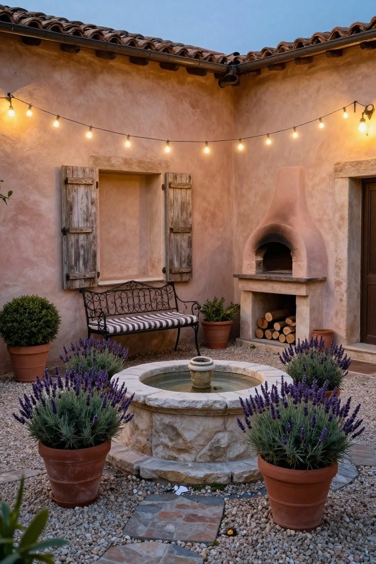 Pink stucco walls enclosing a gravel courtyard with central stone fountain surrounded by lavender in terracotta pots, wrought iron bench, built-in oven, and string lights.