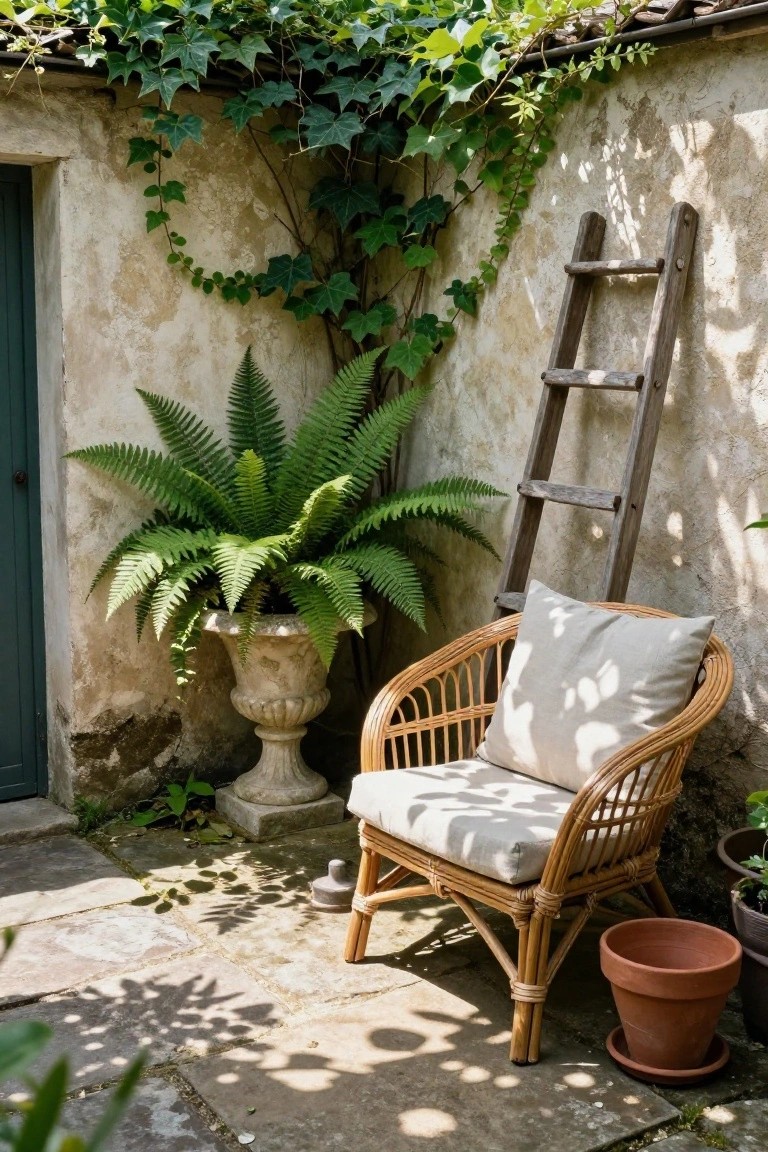 Rustic stone-walled courtyard with climbing ivy, a leaning wooden ladder, large potted fern in stone urn, rattan armchair with cream cushion on stone paving, and additional potted plants.