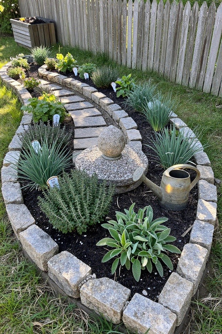 Curved raised garden bed edged with stacked gray stones, planted with various herbs and grasses, a central stone sphere on gravel, vintage metal watering can, and winding stone path, next to a wooden picket fence.