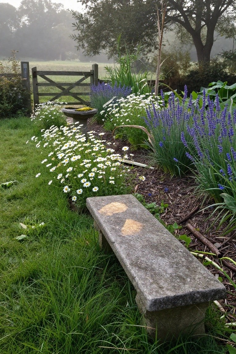 A weathered stone bench in a grassy garden next to borders of white daisy-like flowers and purple lavender, with a birdbath, wooden gate, and misty trees in the background.