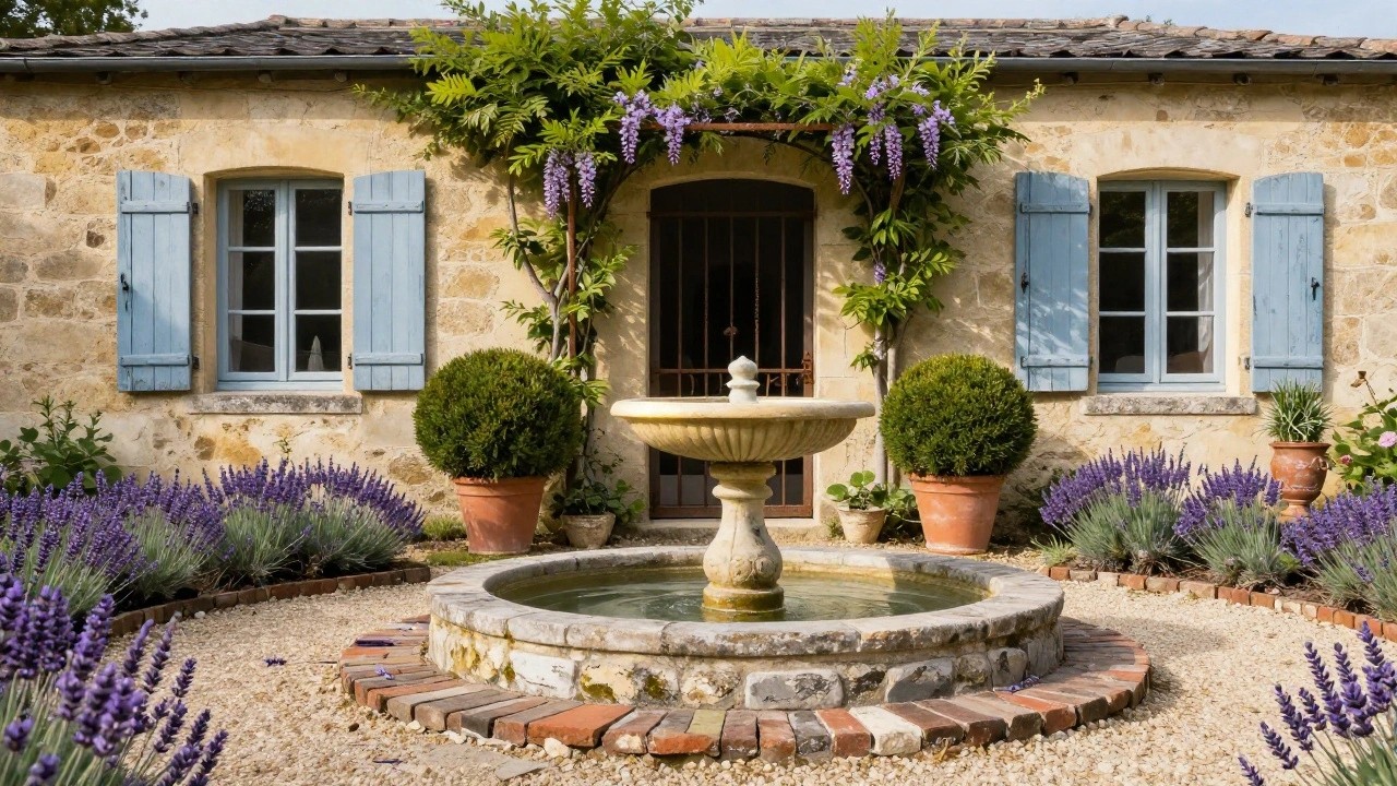 Stone French country house with beige walls, blue shutters, and wisteria vines, fronted by a central stone fountain surrounded by spherical boxwoods and lavender plants in gravel beds with a brick path.