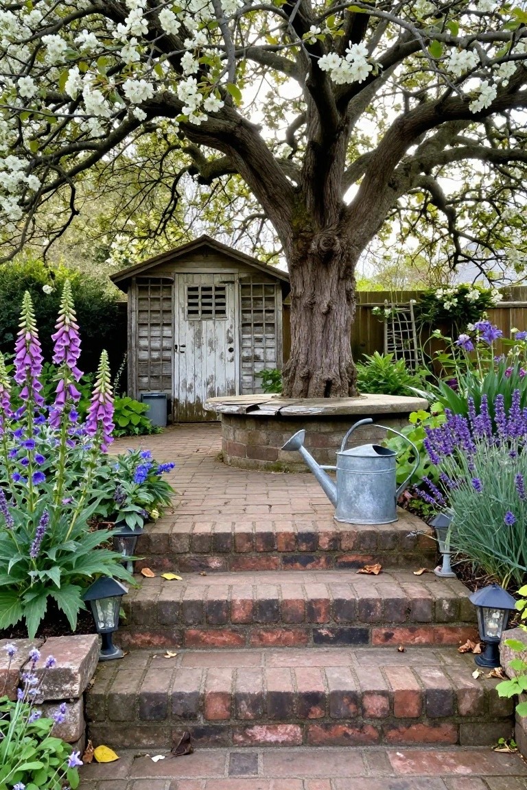 Garden with large tree trunk encircled by stone bench, rustic wooden shed beside it, purple foxgloves and lavender plants flanking brick steps, metal watering can, lanterns, and surrounding greenery.