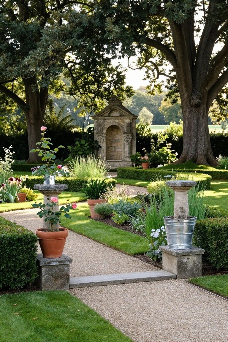 Gravel pathway bordered by low boxwood hedges and stone pedestals with potted roses and birdbaths, winding through formal flower beds toward a stone folly amid large trees.