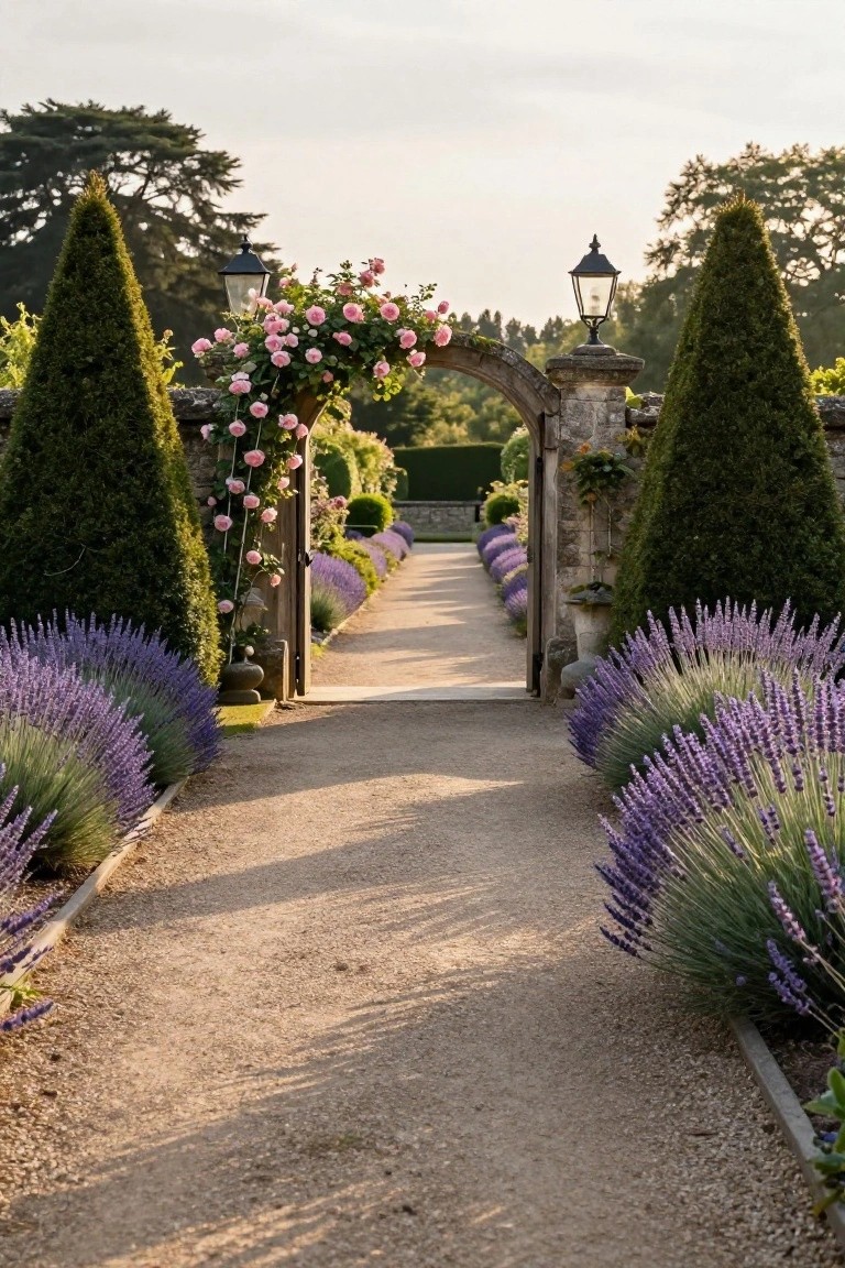 Stone archway gate covered in pink climbing roses flanked by tall conifer trees and lanterns, opening onto a straight gravel path bordered by dense lavender plantings on both sides.