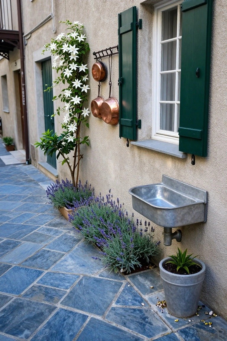 Beige stucco wall with green shutters on a window, hanging copper pots, climbing white flowers on a post, potted plants including lavender and aloe, a metal wall trough, and a narrow blue stone pathway.