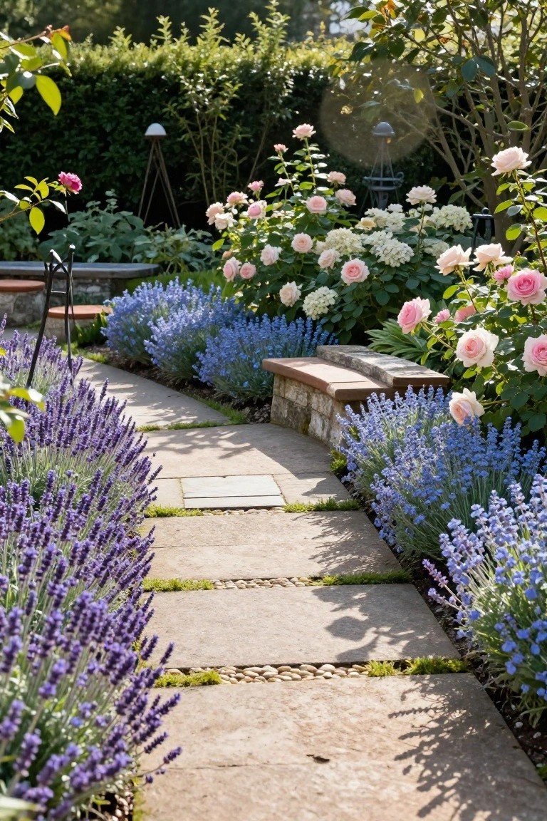 Stone garden path edged with dense purple lavender plants on both sides, flanked by pink roses, white hydrangeas, and blue flowering shrubs, curving toward a bench built into a low stone wall.
