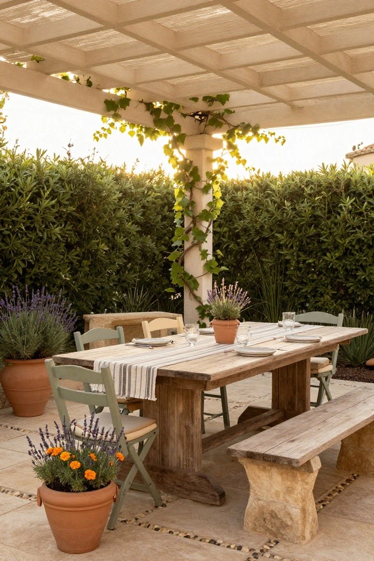 Rustic wooden dining table with striped runner and mixed chairs and bench on a stone patio under a vine-covered pergola, surrounded by potted lavender, terracotta planters, and green hedges.