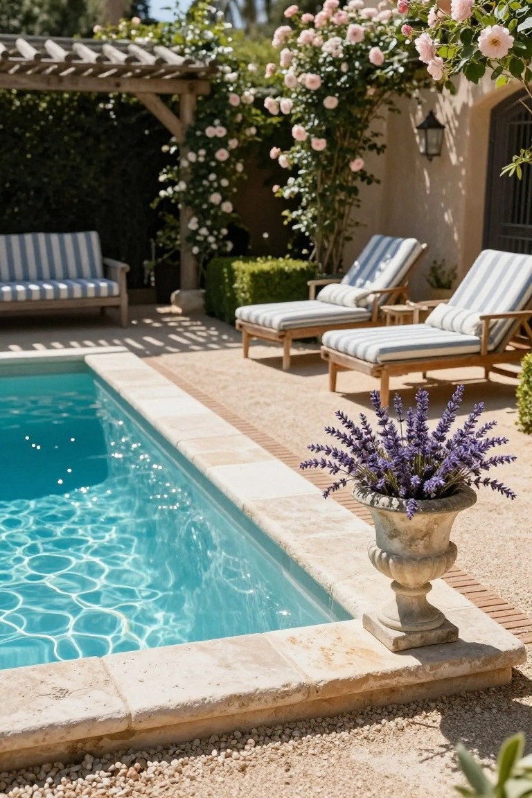Turquoise pool with beige stone coping and gravel surround, two blue striped lounge chairs under wooden pergola covered in pink climbing roses, potted purple lavender nearby, beige stucco wall in background.