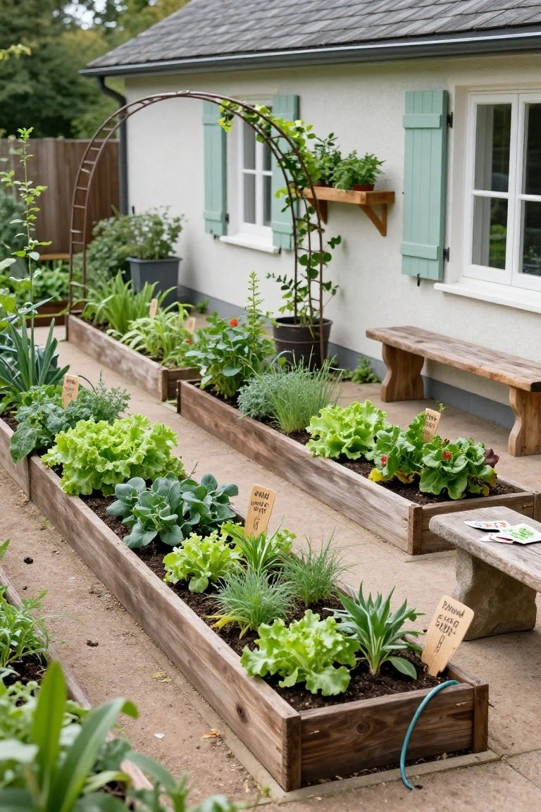 Raised wooden garden beds planted with lettuce, pak choi, herbs, and other vegetables beside a beige house with green shutters, a climbing plant arch, potted plants, and wooden benches on a gravel path.