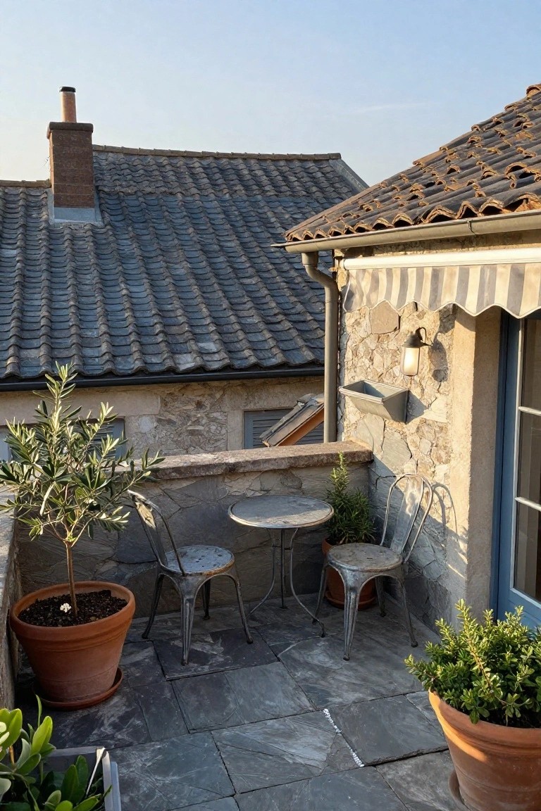 Small outdoor terrace with round weathered metal table and two chairs, surrounded by potted olive trees and other plants in terracotta pots on stone flooring, stone walls, awning, and blue door nearby, rooftops in background.