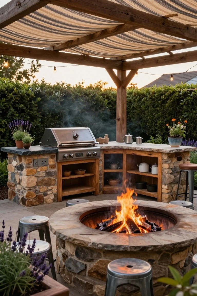 A rustic outdoor kitchen built with stone base, wood cabinets, stainless steel grill on slate countertop, under a wooden pergola with string lights, next to a stone fire pit and metal stools surrounded by potted plants and hedges.
