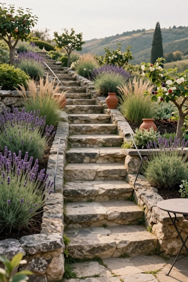 Winding rustic stone staircase ascending a terraced hillside garden, bordered by lavender plants, ornamental grasses, apple trees, and terracotta pots, with distant hills and a small table at the base.
