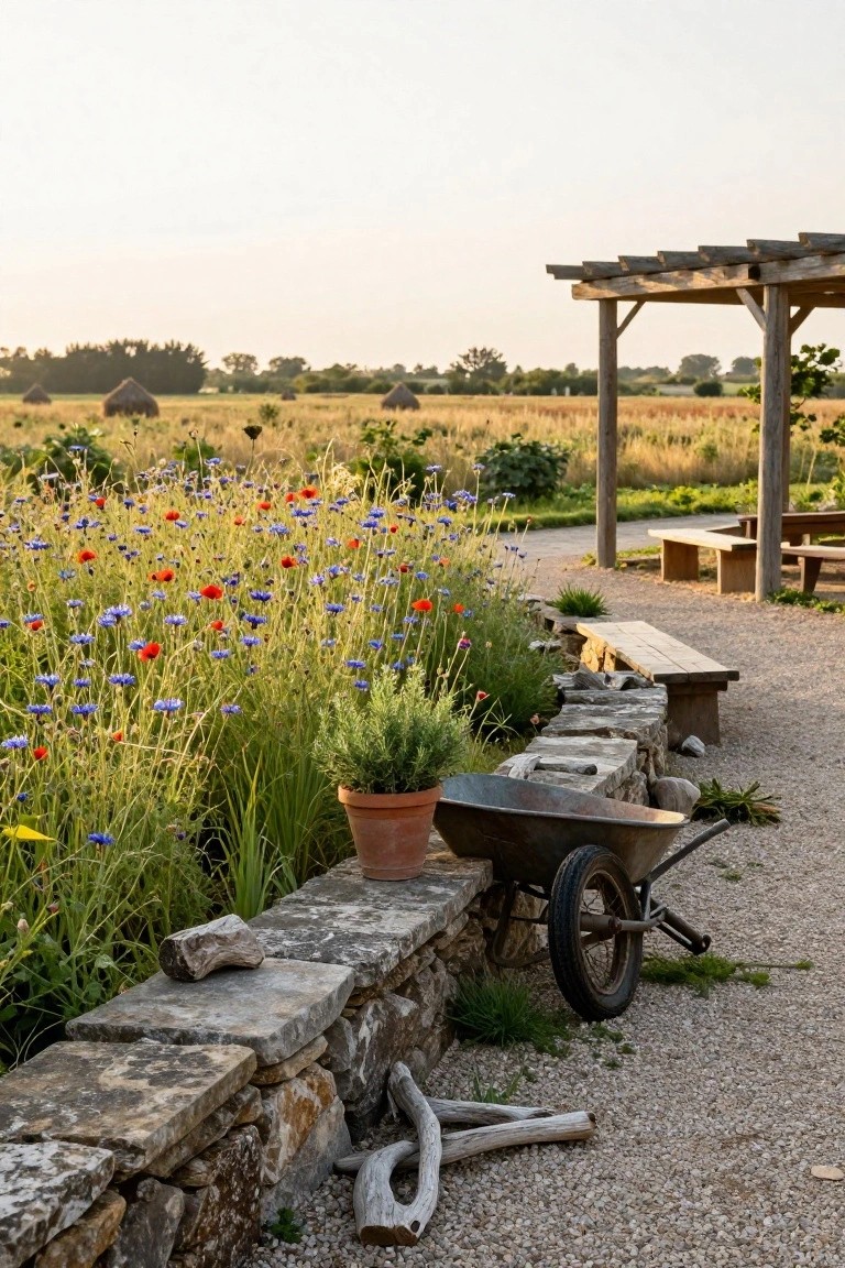 Gravel path running alongside a low dry-stacked stone wall edged with blue cornflowers, red poppies, grasses, and a potted lavender plant, with a wheelbarrow nearby and wooden pergola benches in the background of a field garden.