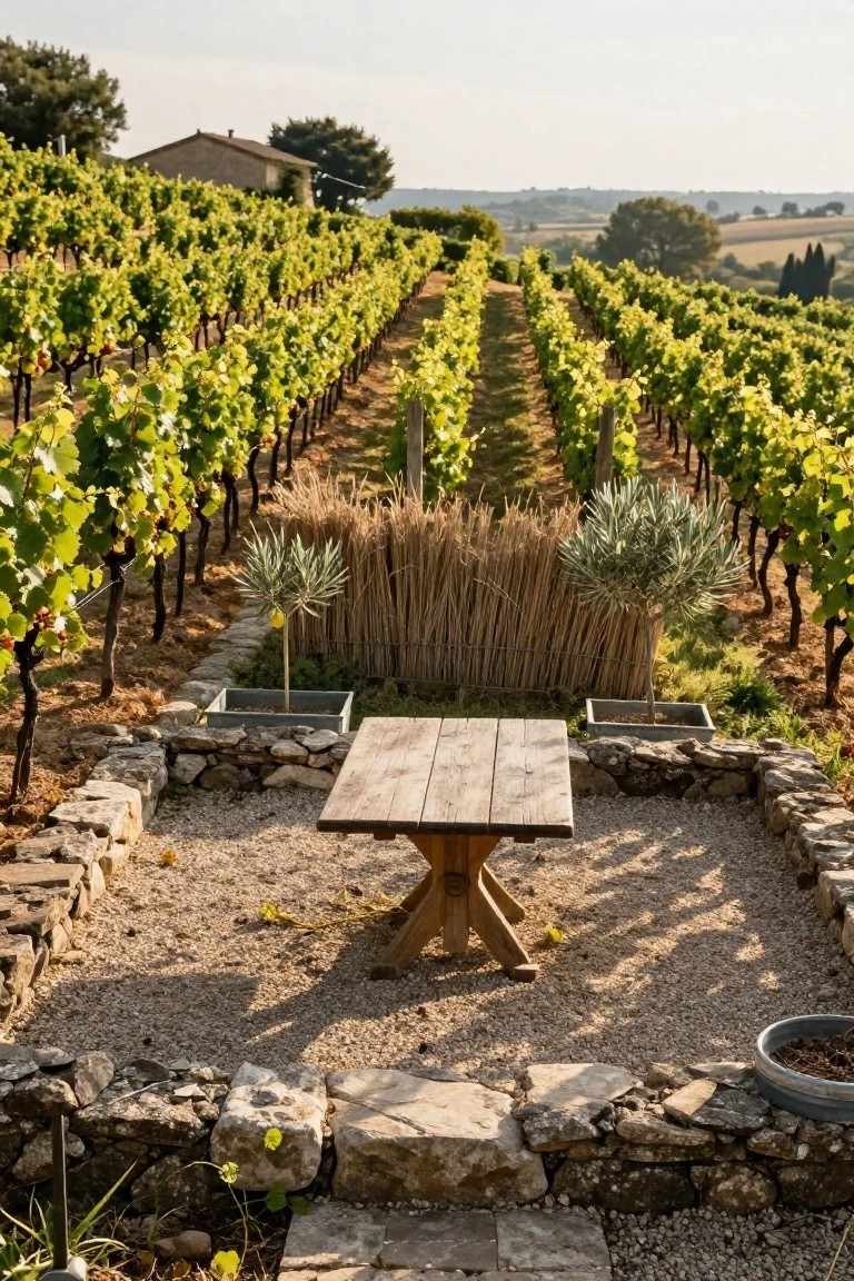 Rustic wooden table centered on gravel patio enclosed by low dry stone walls, with potted plants including olive tree and grasses, adjacent to rows of grapevines in sunny countryside landscape.
