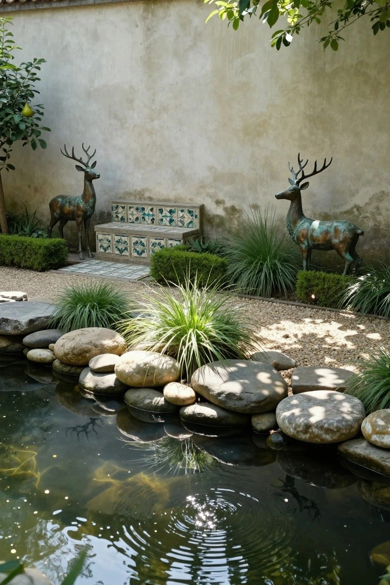Garden pond edged with large irregular natural stones and overhanging grasses, gravel path nearby, bronze deer statues flanking a blue-tiled bench against a textured beige stucco wall, citrus tree in background.