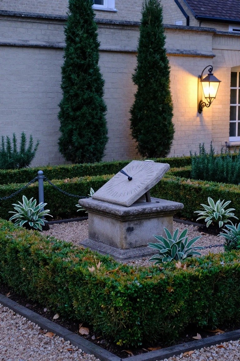 Stone sundial mounted on a pedestal in a gravel garden square surrounded by low boxwood hedges, with agave plants at the corners, tall cypress trees flanking the area, and a beige brick house wall with lantern light in the background.
