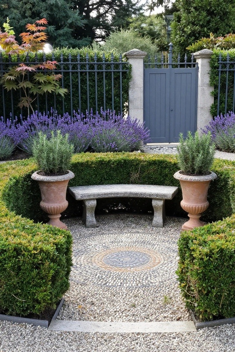 Stone bench centered in a circular pebble area with mosaic design, surrounded by low boxwood hedges and flanked by terracotta pots of rosemary, with lavender plantings and a dark wooden gate on stone pillars in the background.