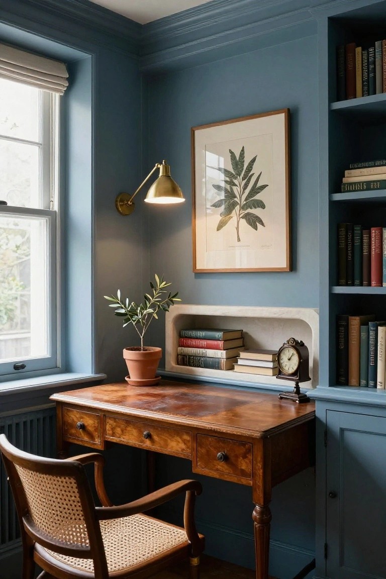 Blue-walled study corner with wooden desk and chair, built-in bookshelves, brass wall lamp, framed botanical print, potted olive tree, and stacked books.