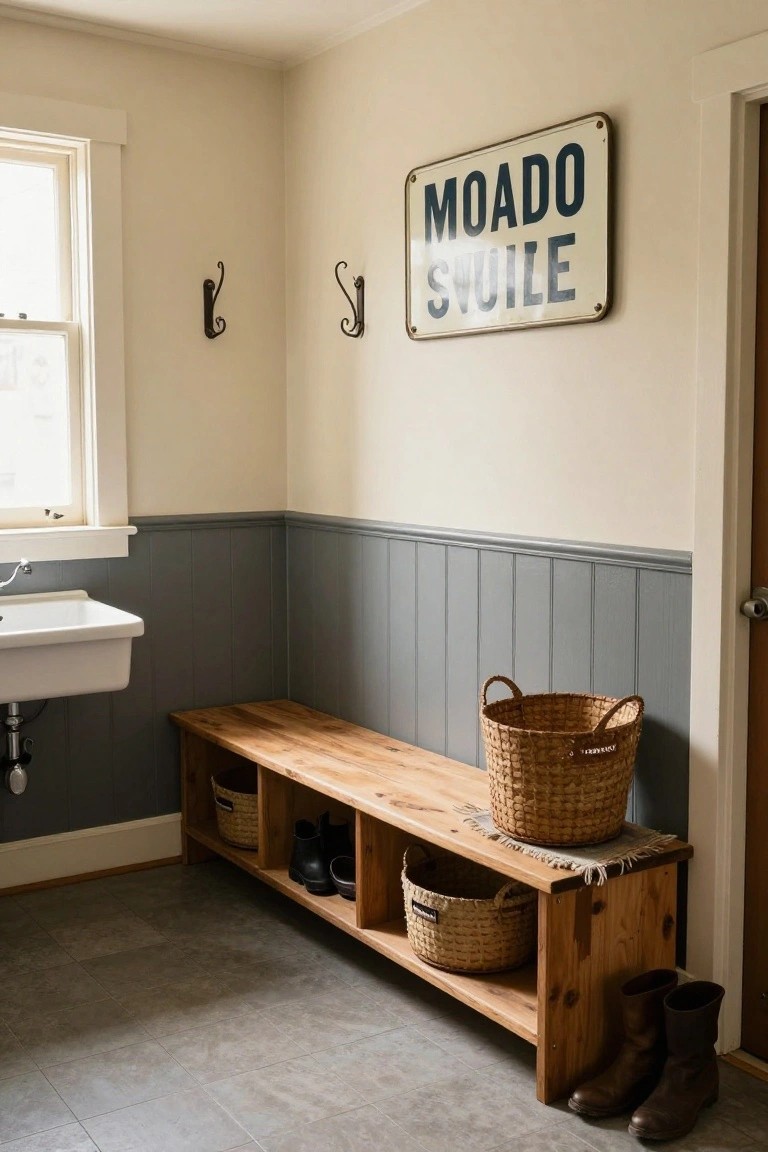Mudroom interior with wooden bench and cubbies for shoe storage, wicker baskets, tall brown boots on floor, white porcelain sink, gray vertical plank wainscoting on lower half of walls, creamy upper walls, coat hooks, and vintage enamel sign reading "MUD ROOM SUITE".