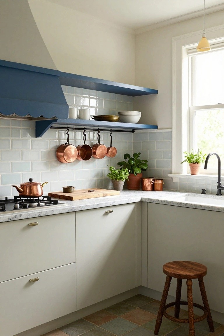 Bright modern kitchen with blue range hood, copper pots, marble counters, and wooden stool.