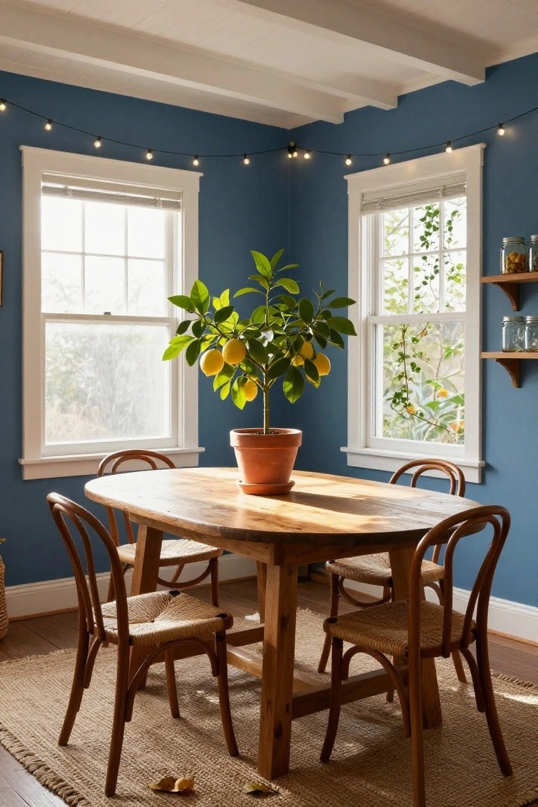 Dining room corner with deep blue walls, white window trim, oval wooden table, rush and cane chairs, potted lemon tree on table, string lights along ceiling, and shelves with jars.