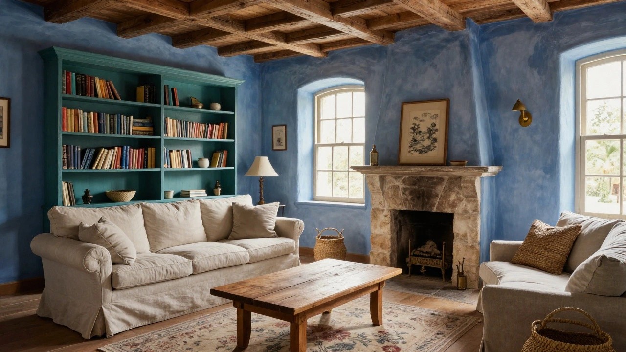 Cozy living room interior with soft blue walls and ceiling, exposed wooden beams, tall blue bookcase filled with books, cream sofa, wooden coffee table with ceramic bowls, stone fireplace, and woven baskets.