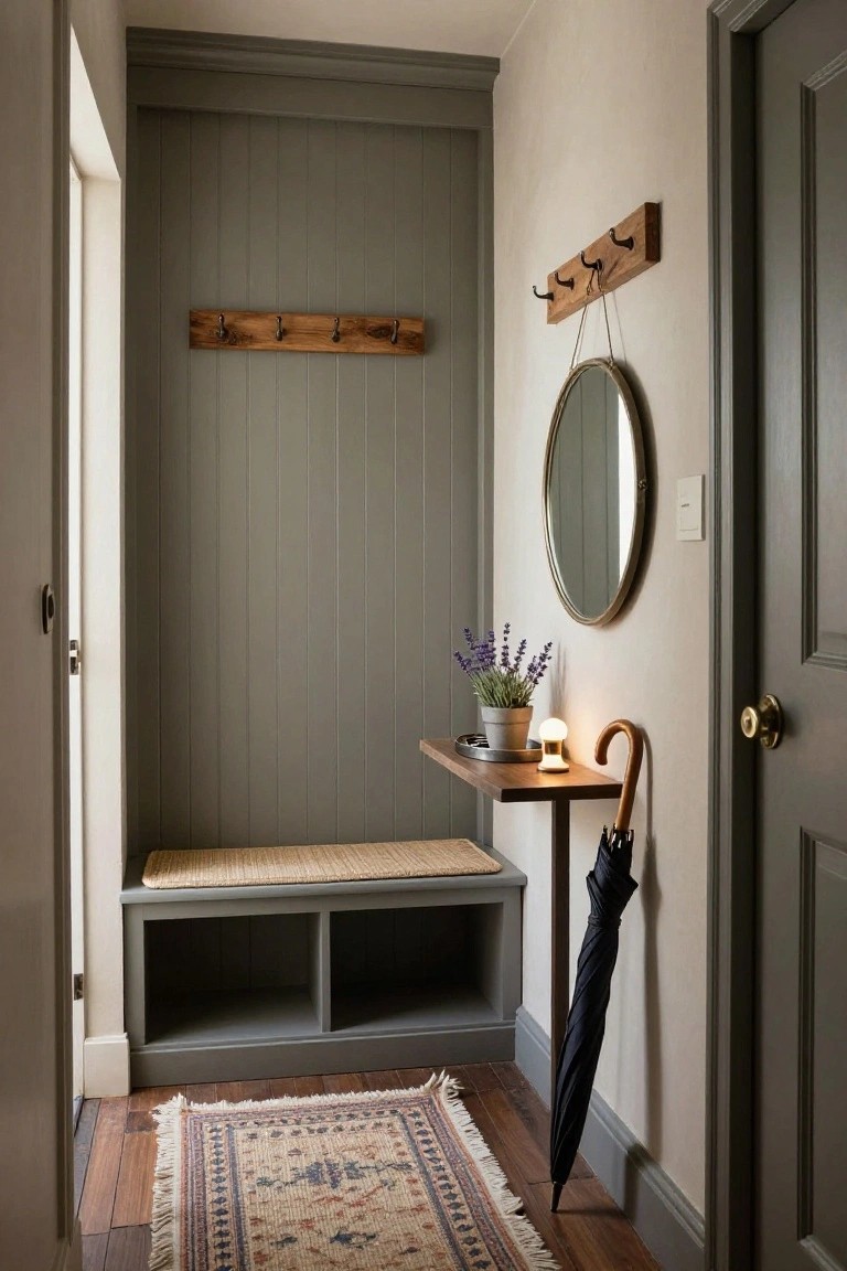 Narrow indoor entryway with gray vertical plank walls, wooden coat hooks mounted on a plank rail, built-in bench with seagrass cushion and open storage cubbies below, round rattan mirror, slim wooden console holding a potted lavender plant and small lamp, black umbrella leaning nearby, and a patterned wool rug on wood flooring.