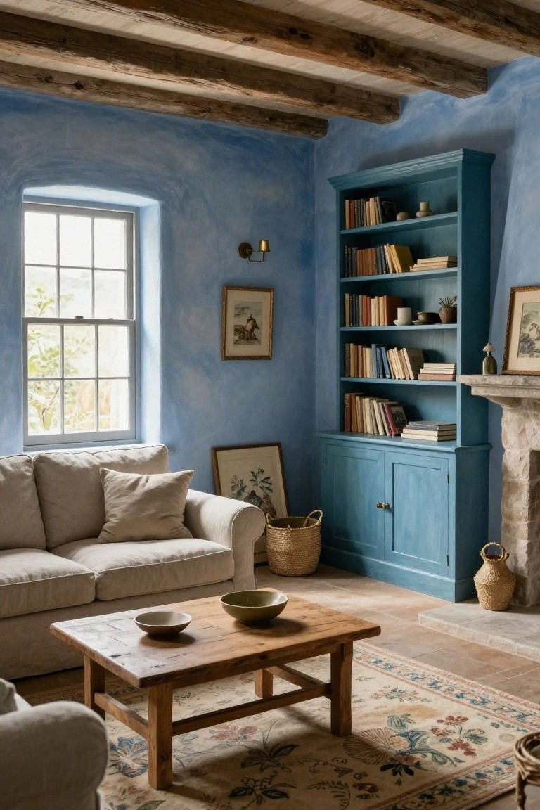 Cozy living room interior with soft blue walls and ceiling, exposed wooden beams, tall blue bookcase filled with books, cream sofa, wooden coffee table with ceramic bowls, stone fireplace, and woven baskets.