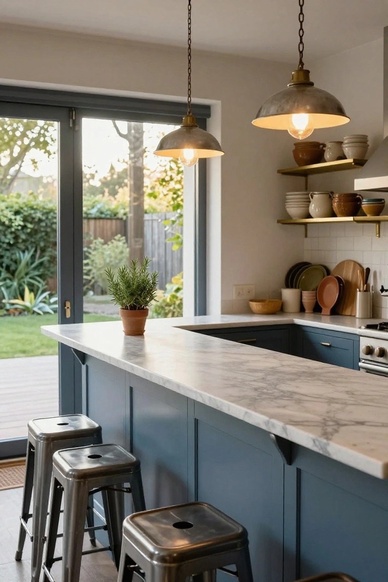 Kitchen with navy blue lower cabinets, white marble countertop and island, metal bar stools, brass pendant lights, open shelving with pottery, and sliding glass doors to backyard garden.