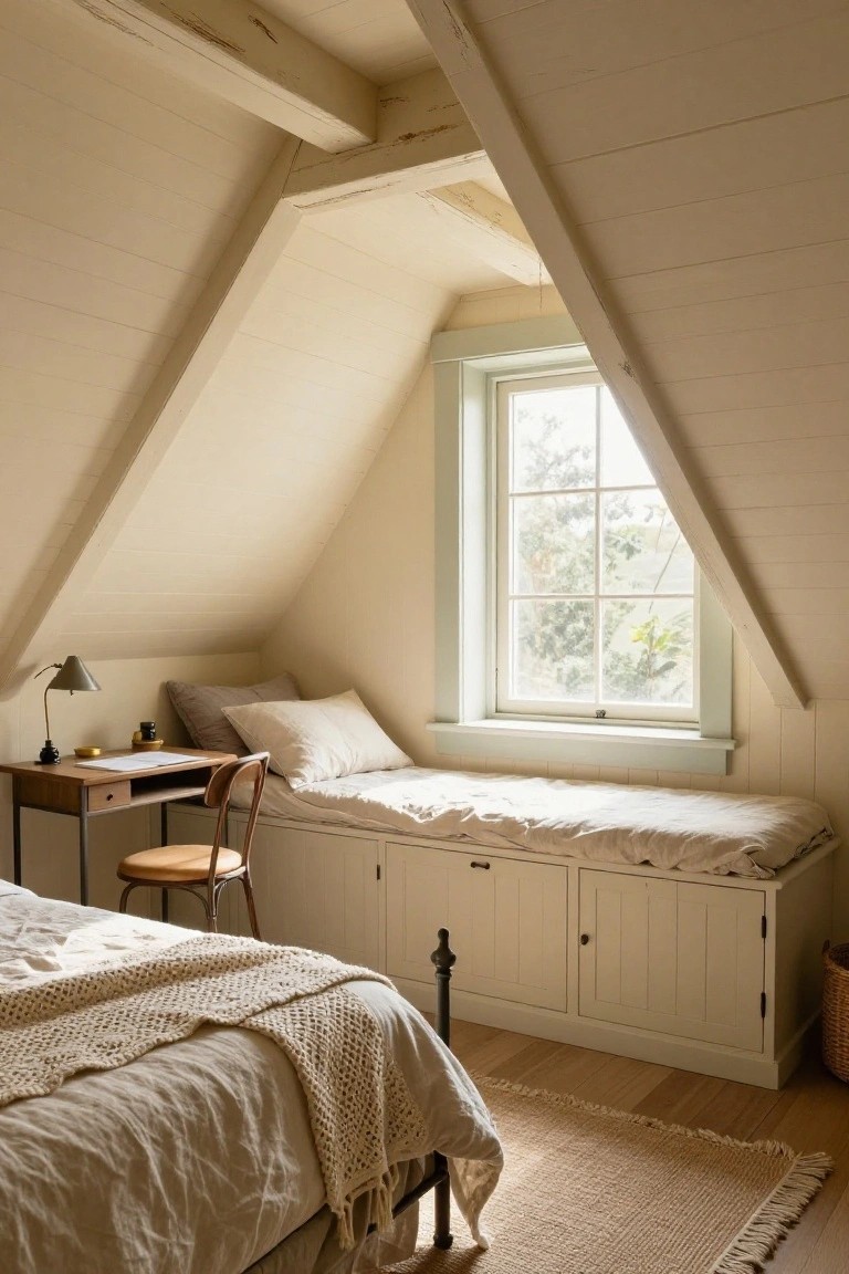 Attic bedroom with sloped cream-painted wood-paneled ceilings and walls, built-in window bench with white bedding and pillows, wooden desk and chair nearby, bed with linen sheets and knit throw on oak floor.