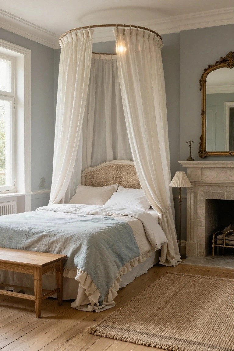 Corner of a bedroom featuring a white canopy bed with rattan headboard, blue linen bedding, wooden bench at the foot, pale gray walls, ornate gold-framed mirror, stone fireplace with candleholder, lamp, seagrass rug, and hardwood floors.