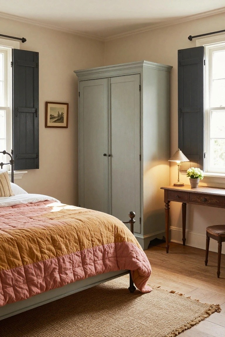 Corner view of a bedroom with pale walls, a metal bed covered in pink and orange quilt, tall blue-gray armoire, wooden desk with lamp and flowers, and two windows with open black shutters.