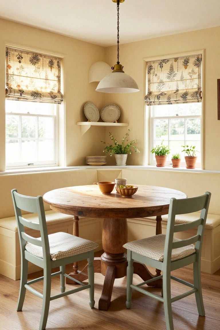 Cozy corner dining nook with pale yellow walls, round wooden table, green chairs and bench seating, plants on windowsills, and patterned Roman shades on double-hung windows.