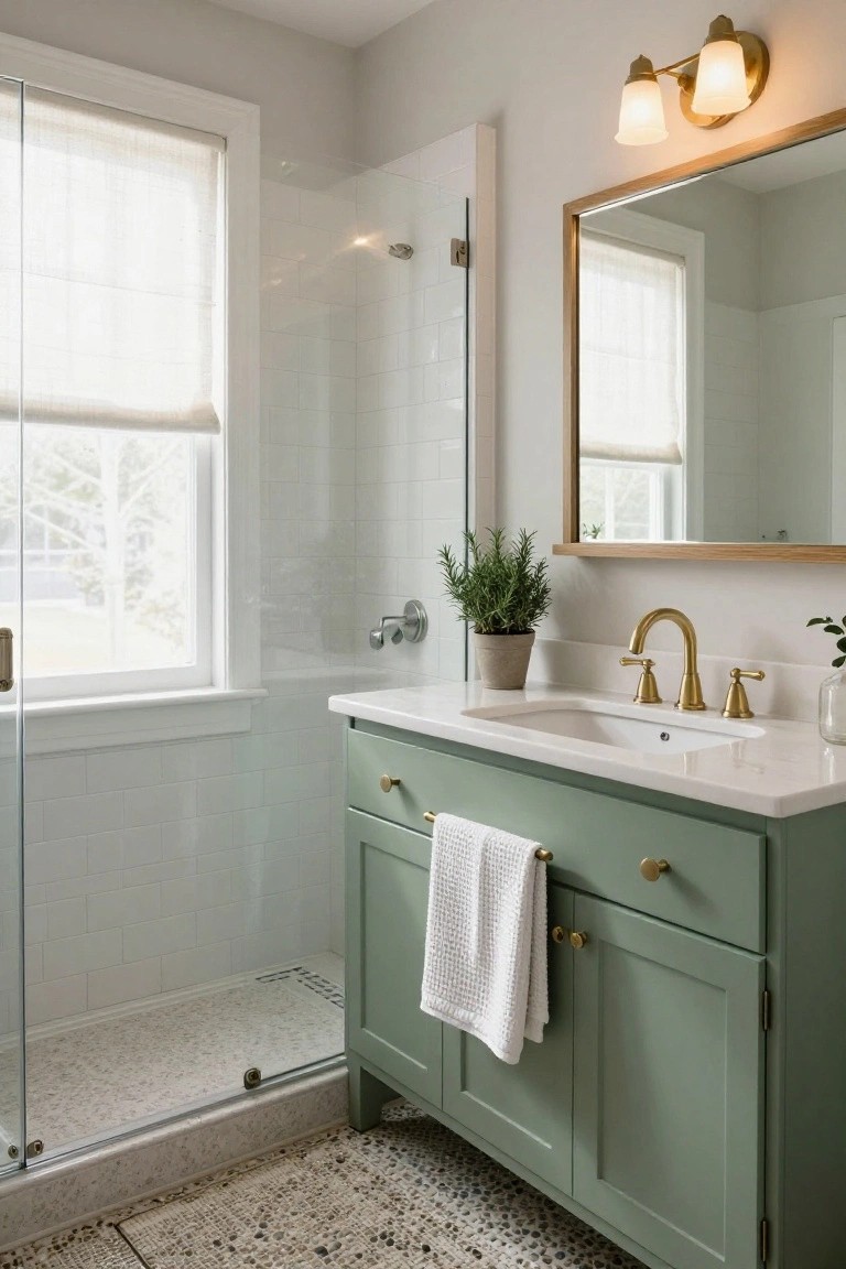 Bright bathroom with sage green wood vanity cabinet, white subway tile shower, gold faucet and hardware, potted rosemary plant on counter, and gold-framed mirror.