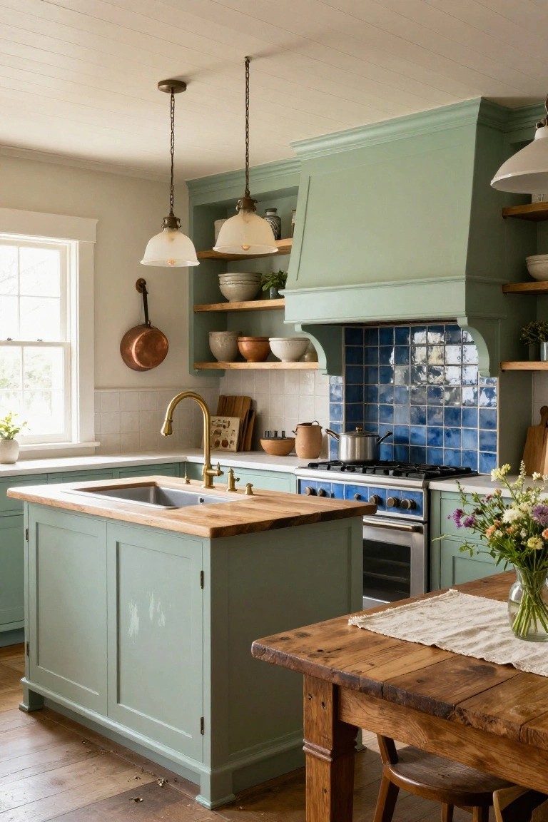 A kitchen interior featuring sage green painted cabinets and island with butcher block countertop, blue tiled backsplash, brass faucet, gas range, and wooden table nearby.