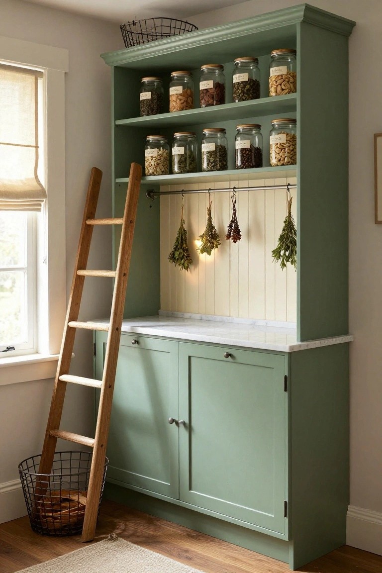 Sage green painted tall pantry cabinet with multiple shelves holding glass jars of nuts, seeds, and spices, wooden sliding ladder, hanging bundles of dried herbs, marble countertop, and wicker baskets nearby in a light-filled room.