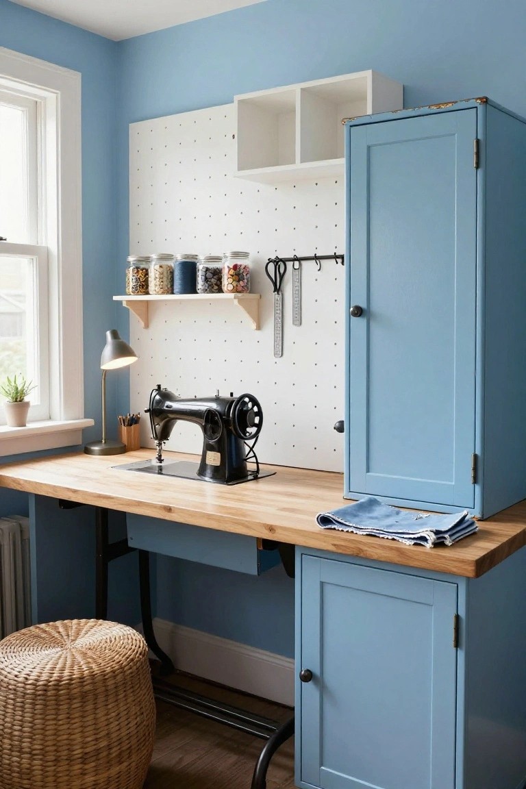 Craft room interior with light blue painted walls and tall cabinet, wooden workbench holding black vintage sewing machine, white pegboard wall with jars scissors and tools, desk lamp, plant in window, and wicker stool.