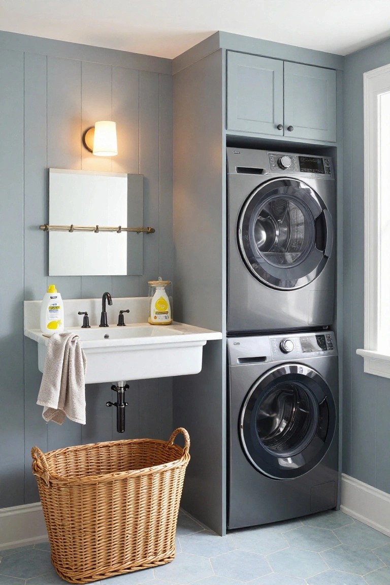 Laundry room with light blue-gray vertical plank walls and matching cabinets above stacked stainless steel washer and dryer, white utility sink with black faucet, brass wall light and mirror, yellow cleaning bottles, wicker laundry basket, and blue hexagonal tile floor.