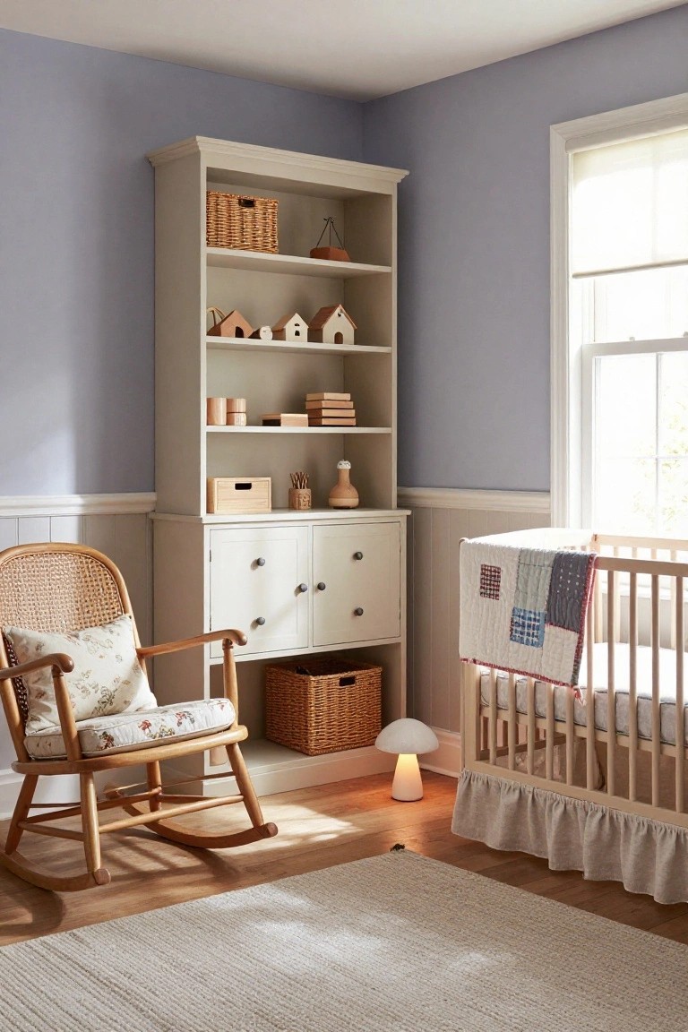 Nursery room featuring pale blue walls, tall beige bookshelf with wooden toys and baskets, white dresser cabinet, rattan rocking chair with floral cushions, wooden crib with patchwork quilt and ruffled skirt, mushroom lamp, and light rug on wood floor.