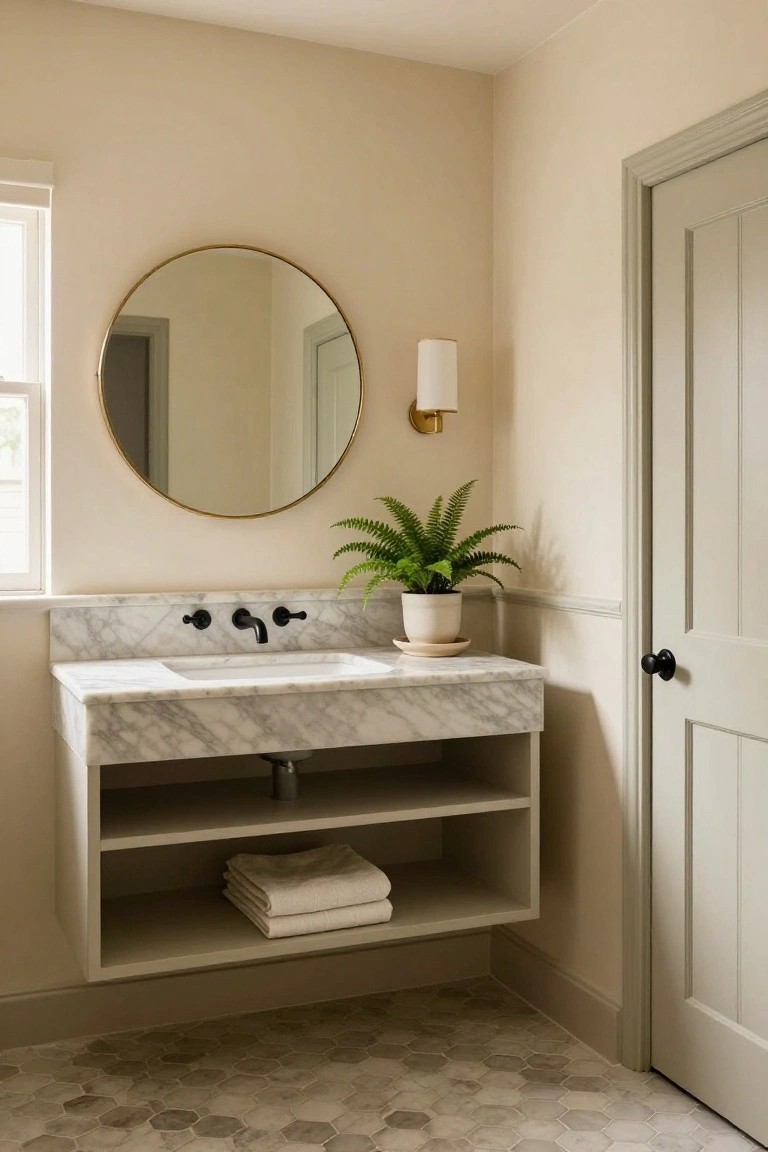 Bathroom interior with cream-colored walls, floating white marble vanity and backsplash, black wall-mounted faucet, round gold-framed mirror, white wall sconce, potted fern plant, folded white towels on open shelf below vanity, hexagonal gray floor tiles, and sage green paneled door.